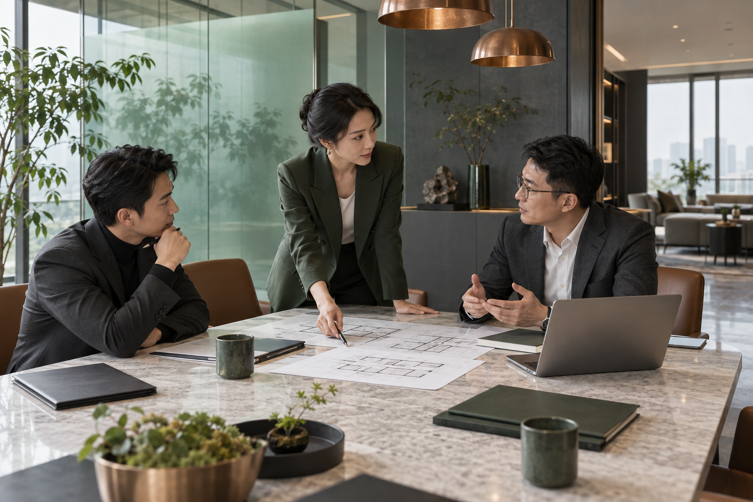 企业经办人在会议桌旁沟通经营调整与纸质资料的场景