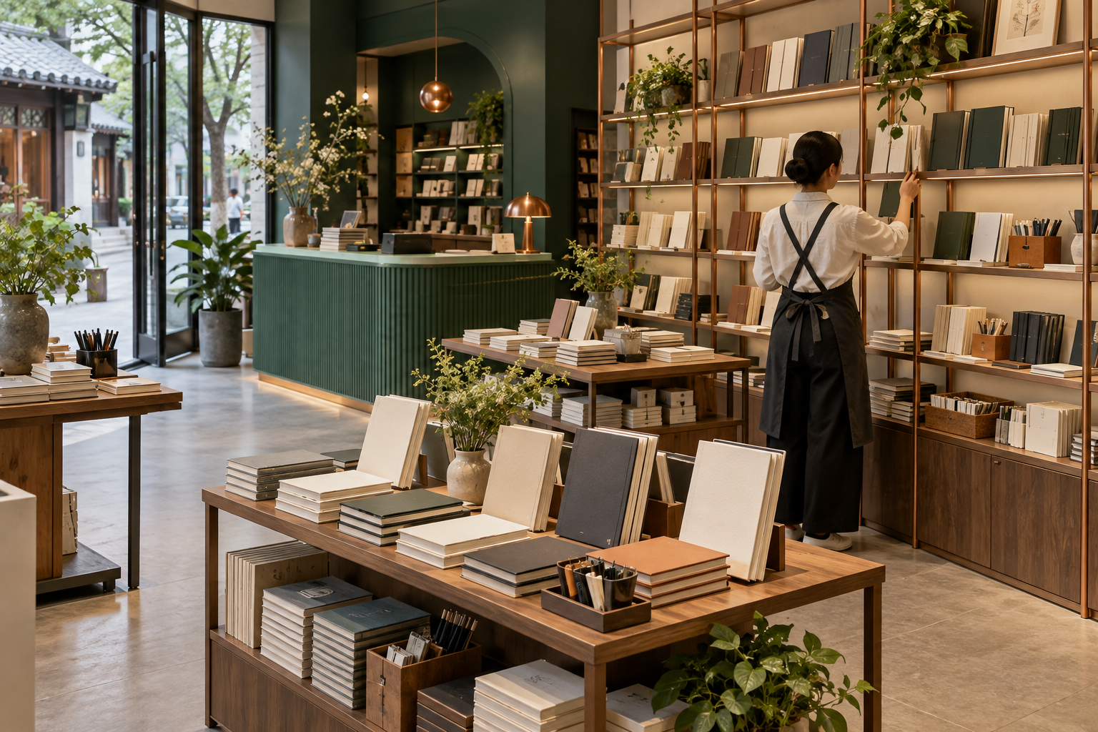 图书零售人员交流经营方式与门店资料的场景示意
