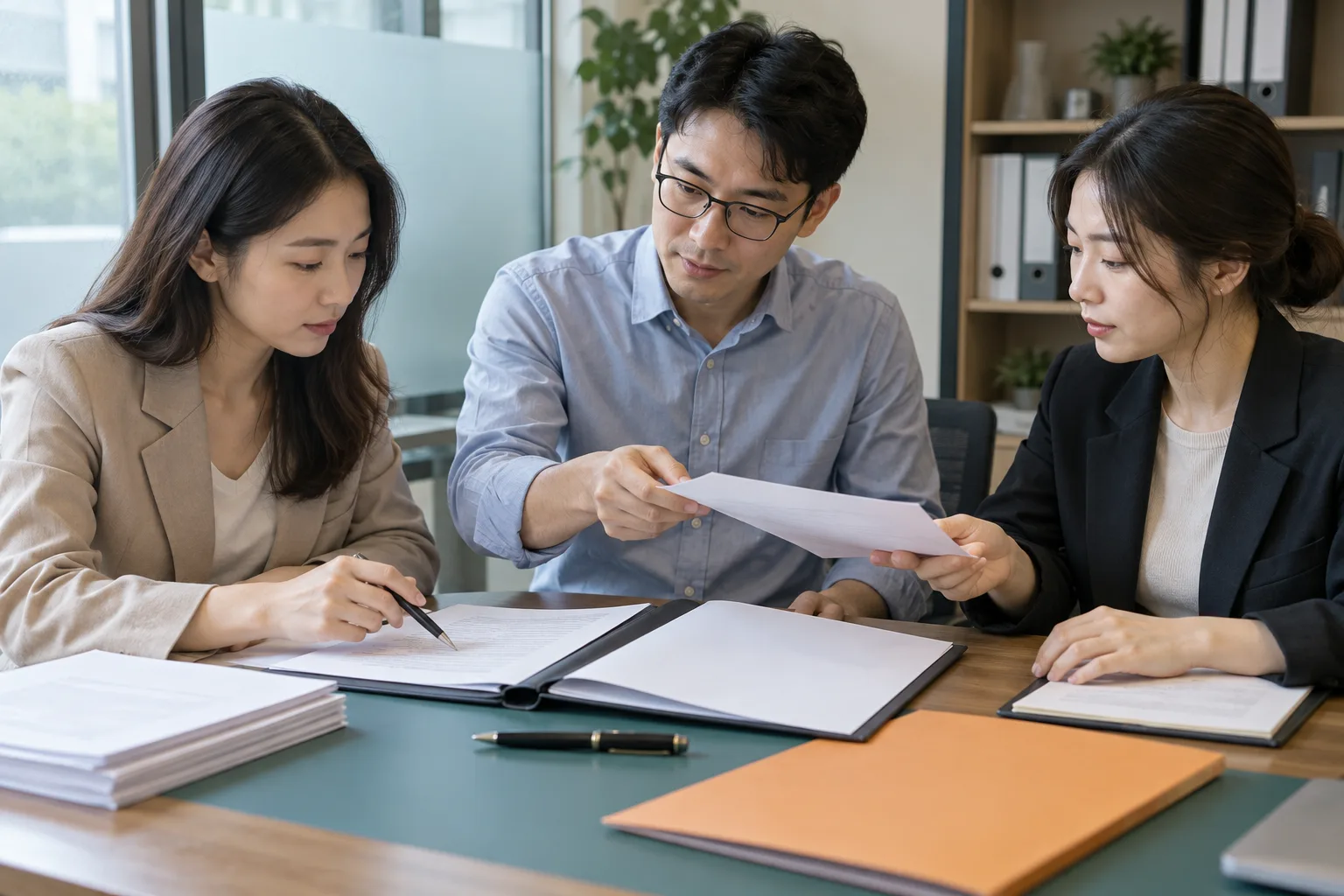 企业相关人员核对文件与准备签署的业务示意