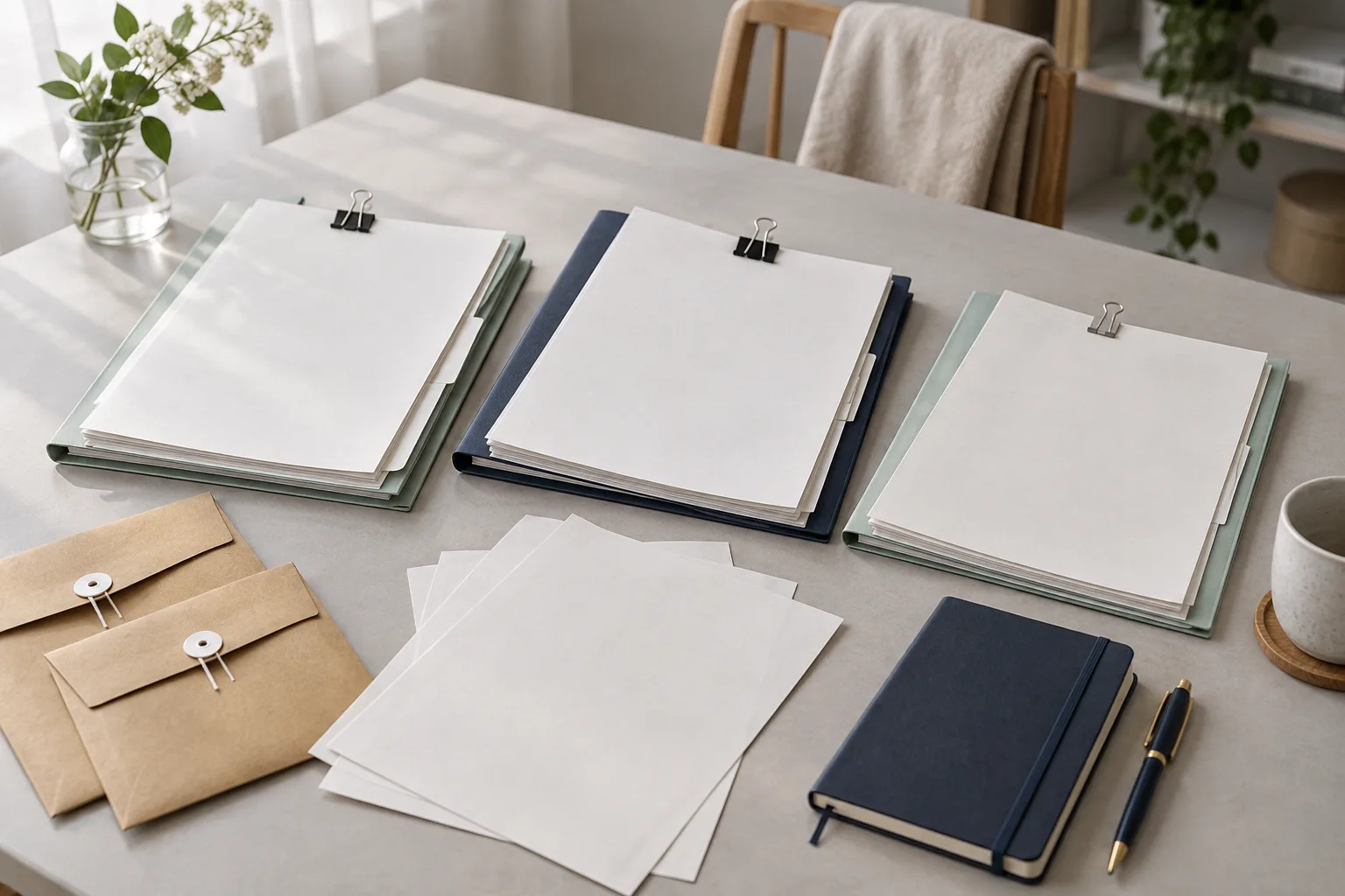 月末结算所需空白资料夹与分类纸张的业务场景示意