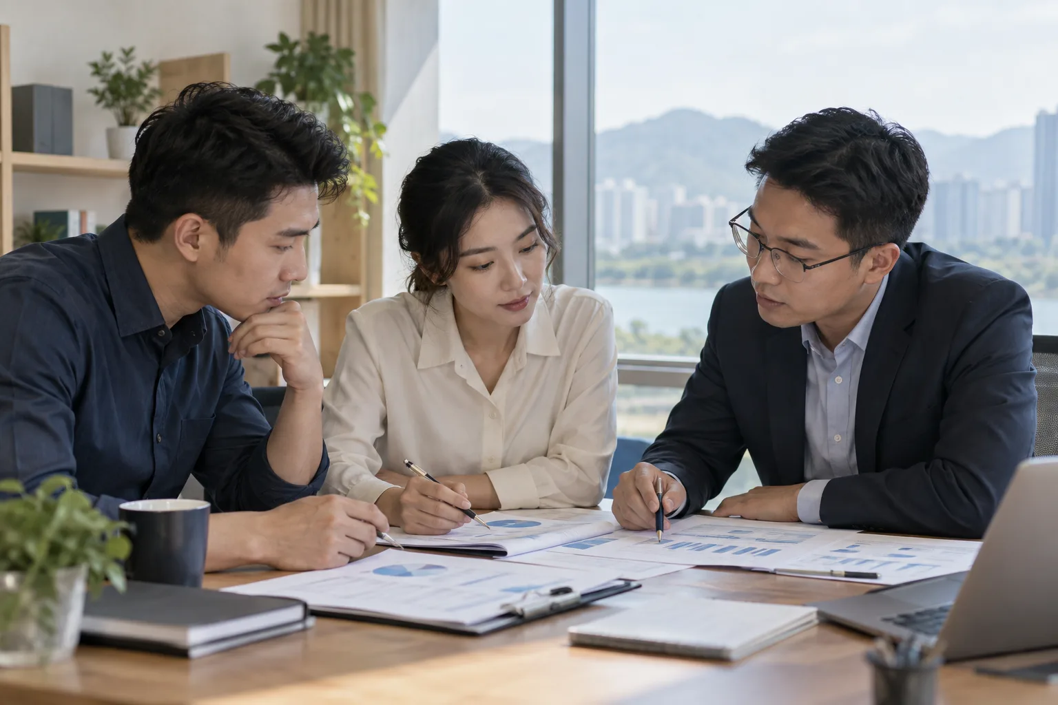 股东在桌面核对资本事项文件和经营记录的业务示意