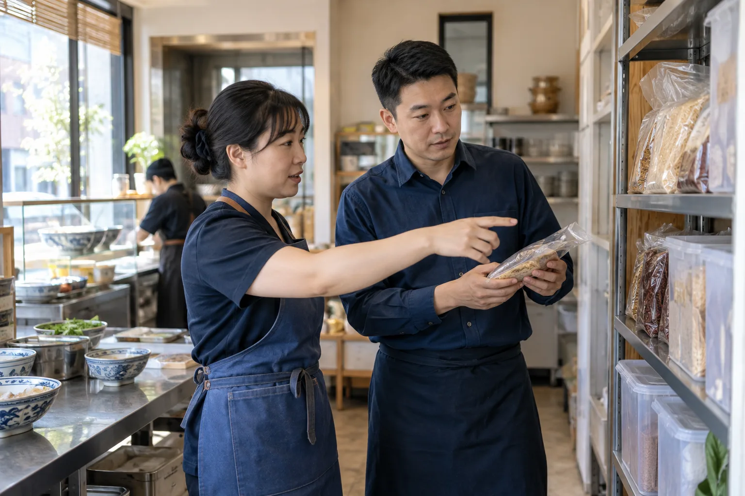 食品经营者核对门店现状与准备资料的业务场景示意