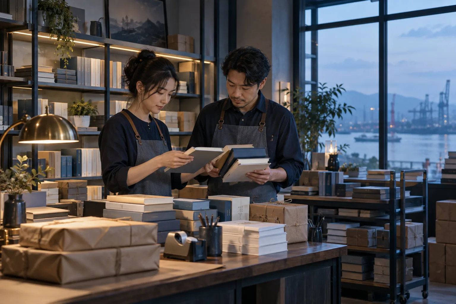 图书经营人员核对产品与门店资料的场景示意