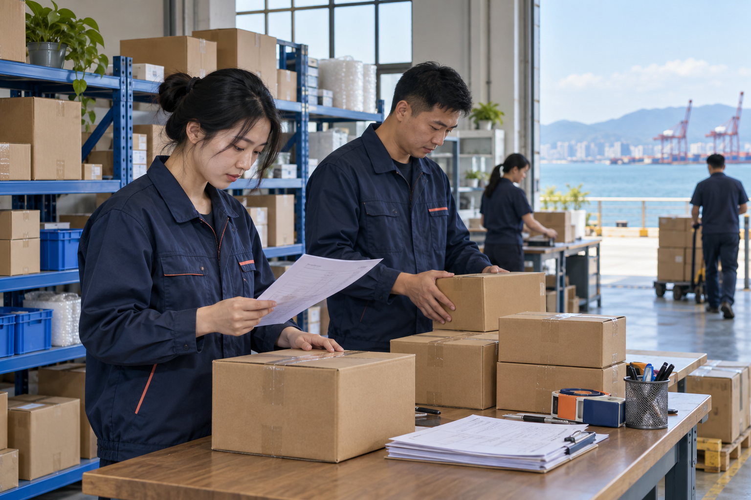 贸易企业工作人员核对日常货物与业务单据