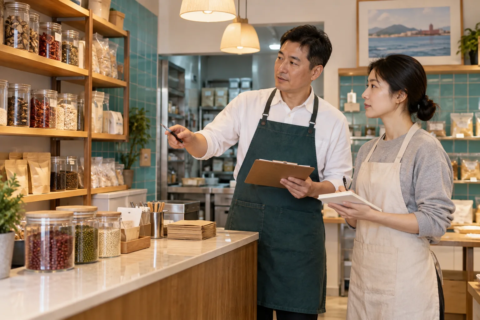 食品店经营者整理门店与经营资料的业务场景示意
