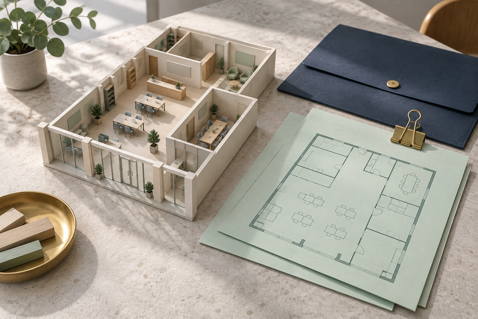 经营场所资料示意:空间模型、使用关系资料与平面图在浅青工作台上对应