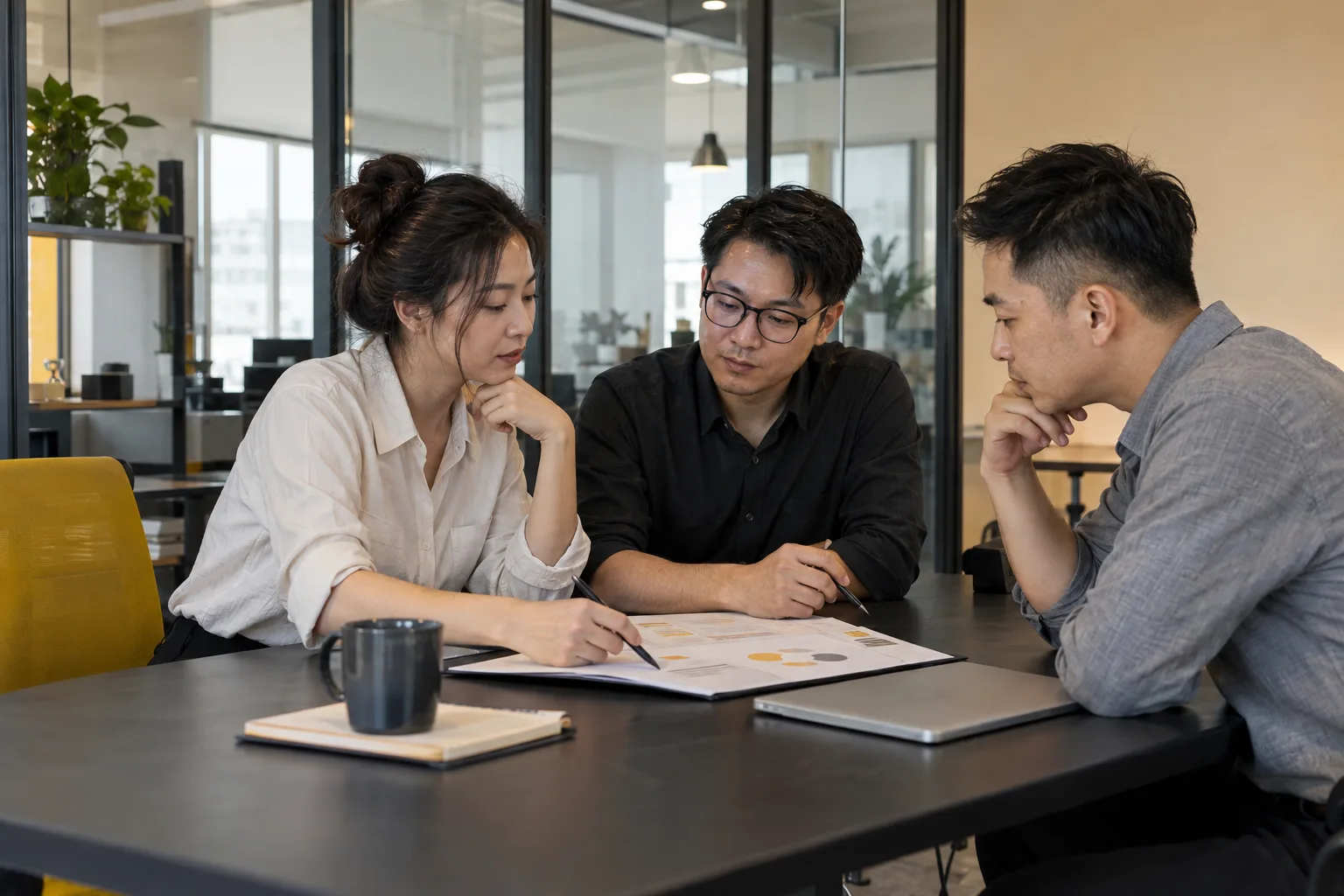 企业经营者在会议中核对信息调整事项的业务示意