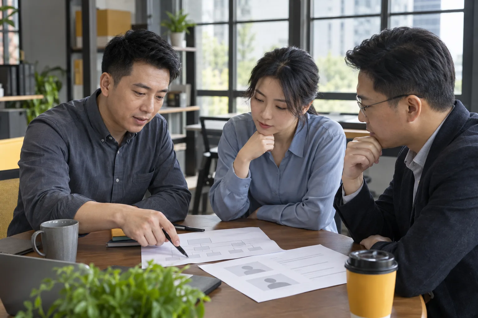 合伙人与资料联系人近距离核对人员关系和文件版本的业务示意