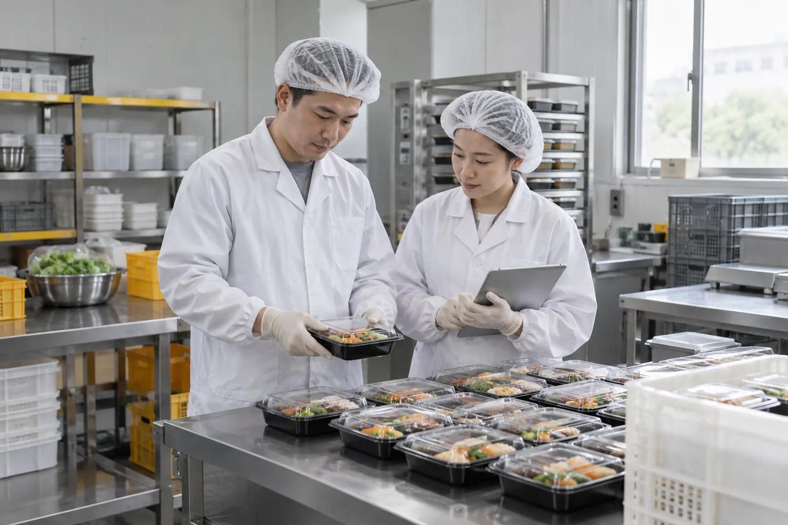 食品经营人员结合产品与储存安排核对记录的场景示意