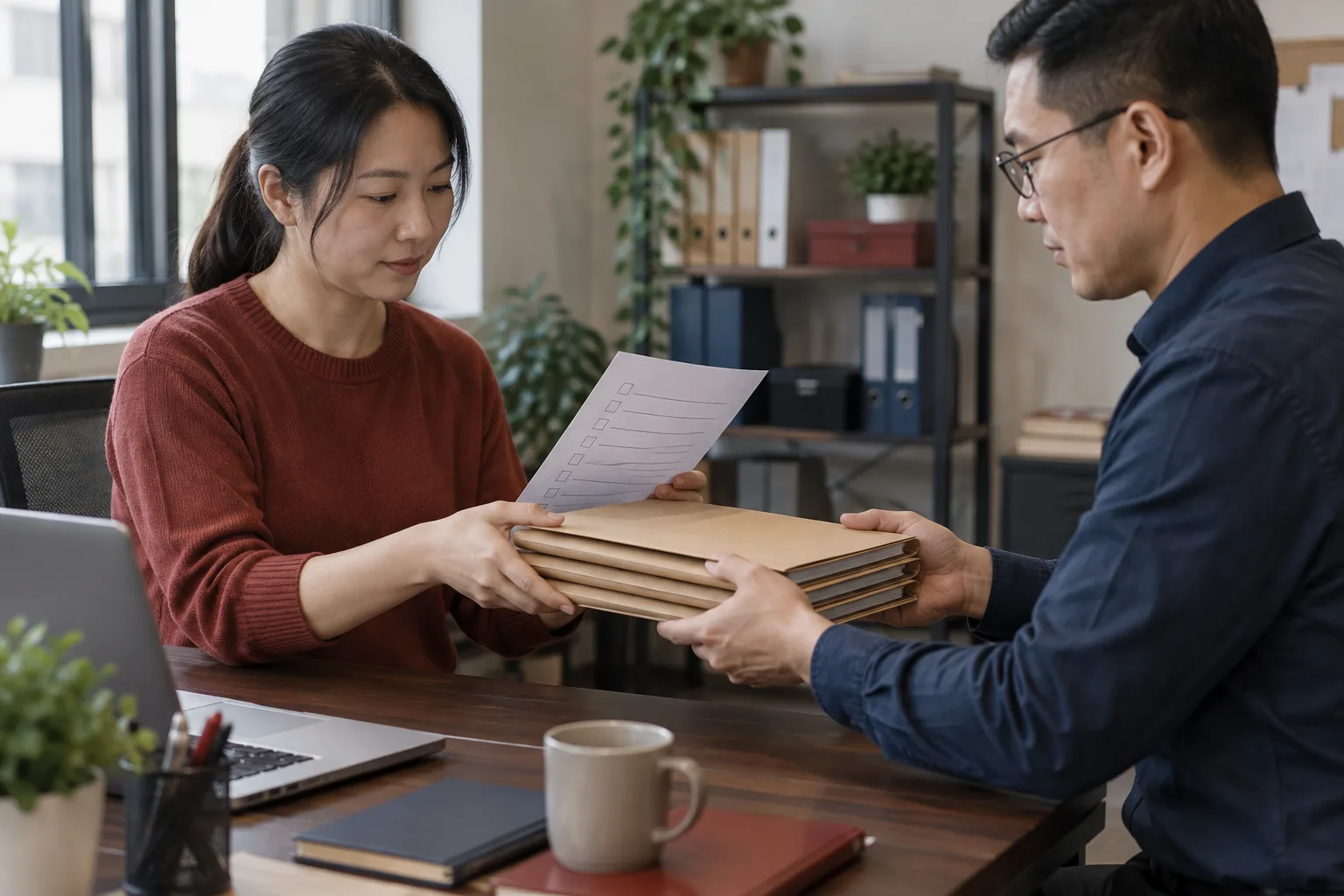 两位经办人员逐项核对并交接企业账务文件的业务场景示意