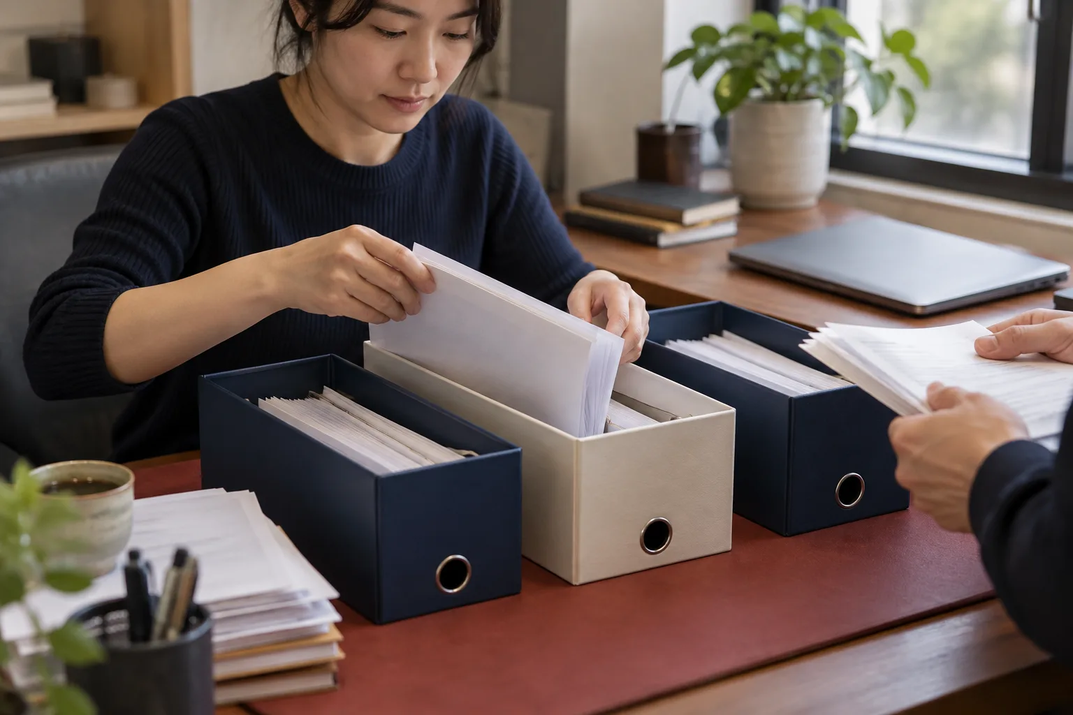 整理企业文档、不同记录版本与交接资料的示意场景