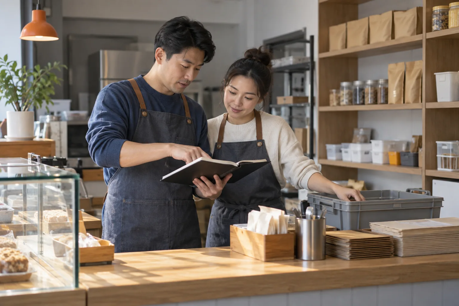 食品经营者整理店内业务资料的场景示意