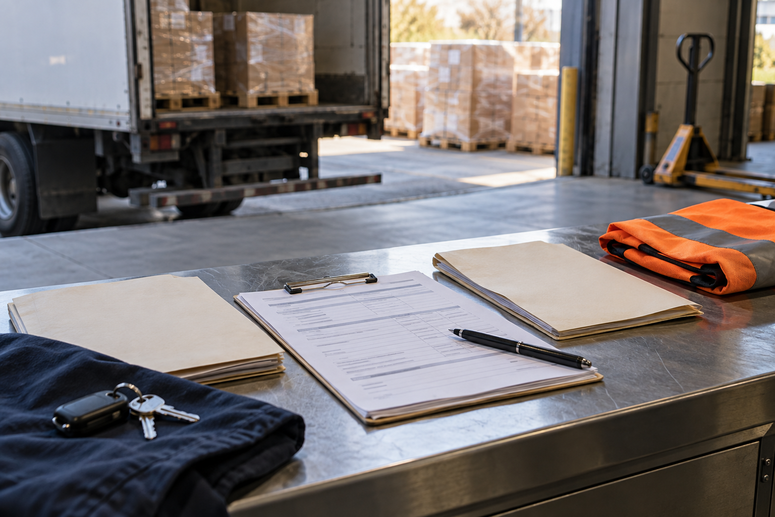 物流装卸区前整理运输交接单与结算文件的示意
