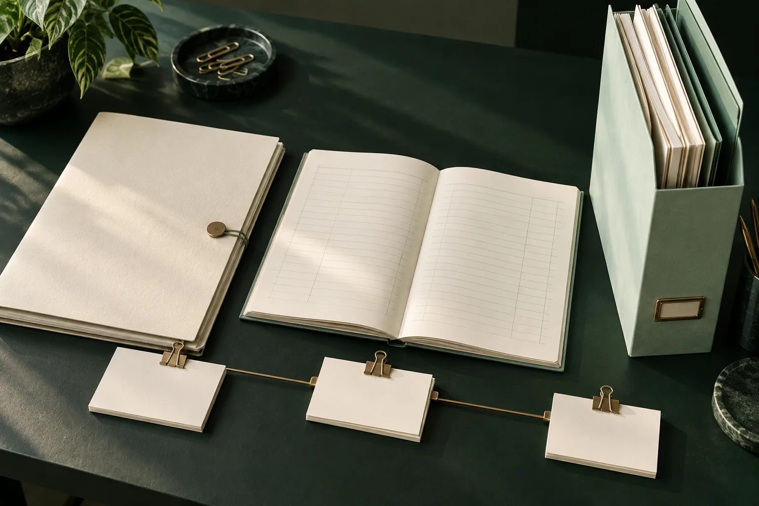 合同资料册、账户记录与资质归档文件按用途分组摆放