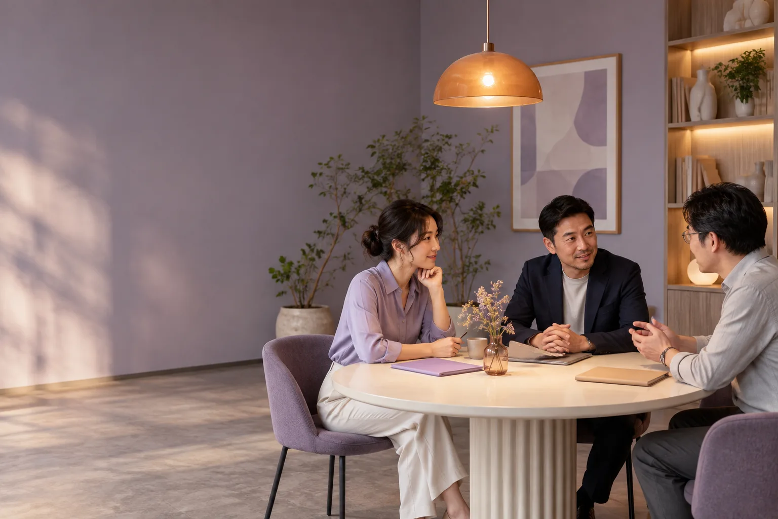 企业人员在会议桌旁交流经营调整事项与现有资料的场景