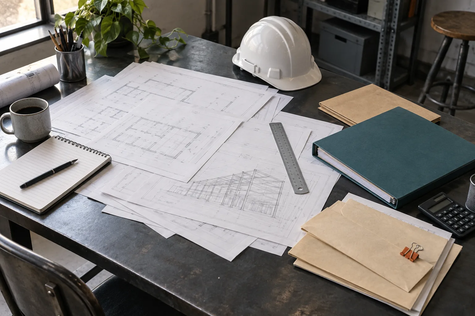 工程项目桌面上的计划图纸、成本资料与分类文件