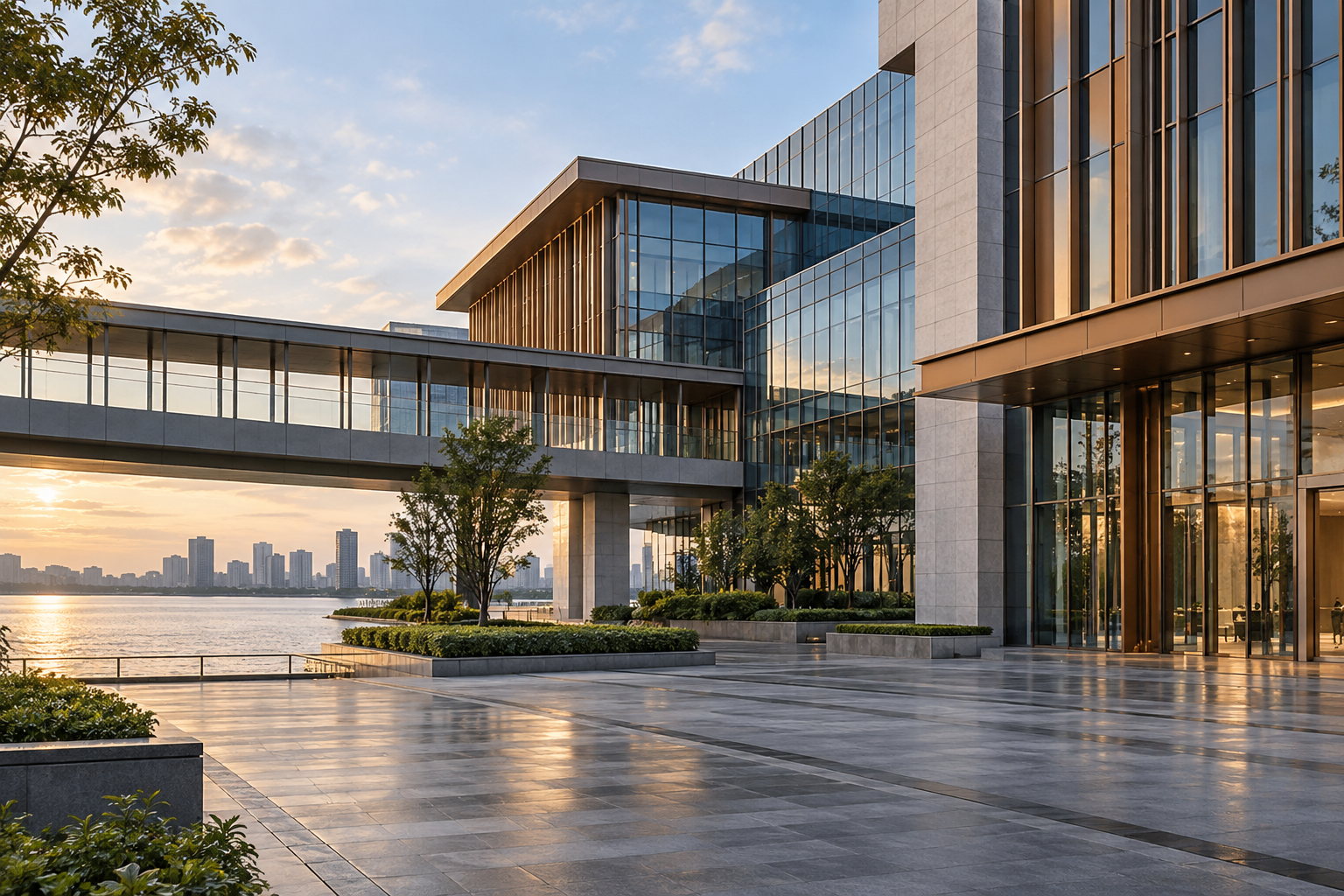 现代商务建筑与连接通道，经营空间场景示意