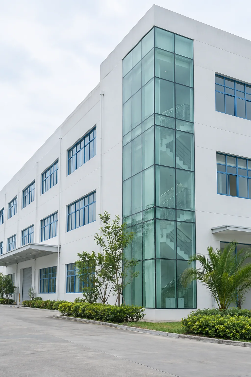 白色工业建筑与水青色玻璃楼梯间的公司经营场景示意